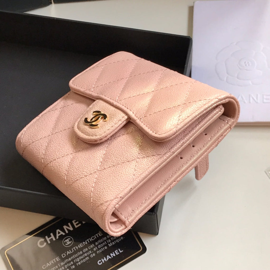 CHANEL FLAP CARD HOLDER 11.5 PALE PINK GRAINED CALFSKIN GOLD ICON