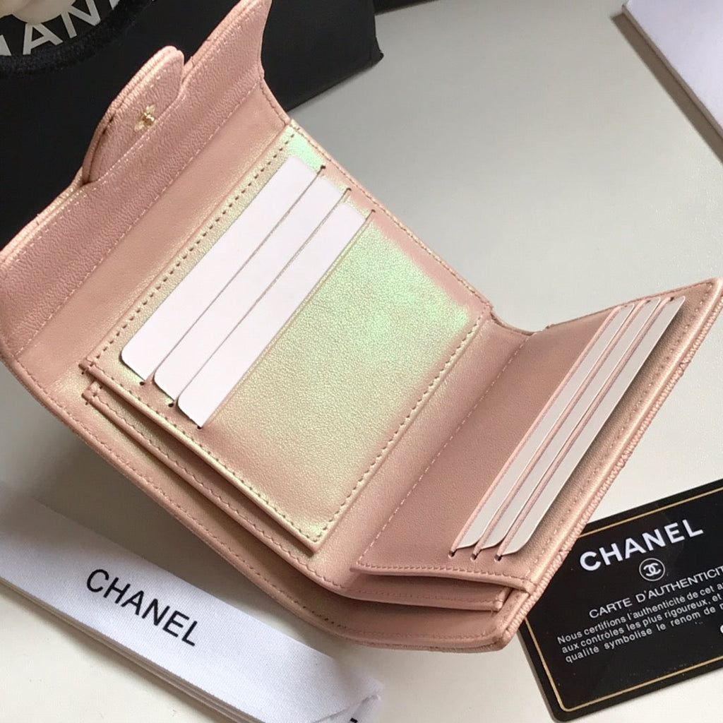 CHANEL FLAP CARD HOLDER 11.5 PALE PINK GRAINED CALFSKIN GOLD ICON