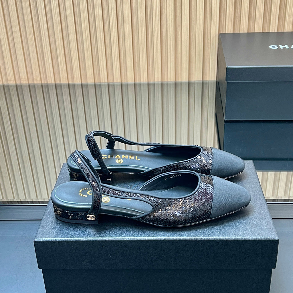 CHANEL 25S SLINGBACK SHOES IN BLACK EMBELLISHED WITH SPARKLES CANVAS