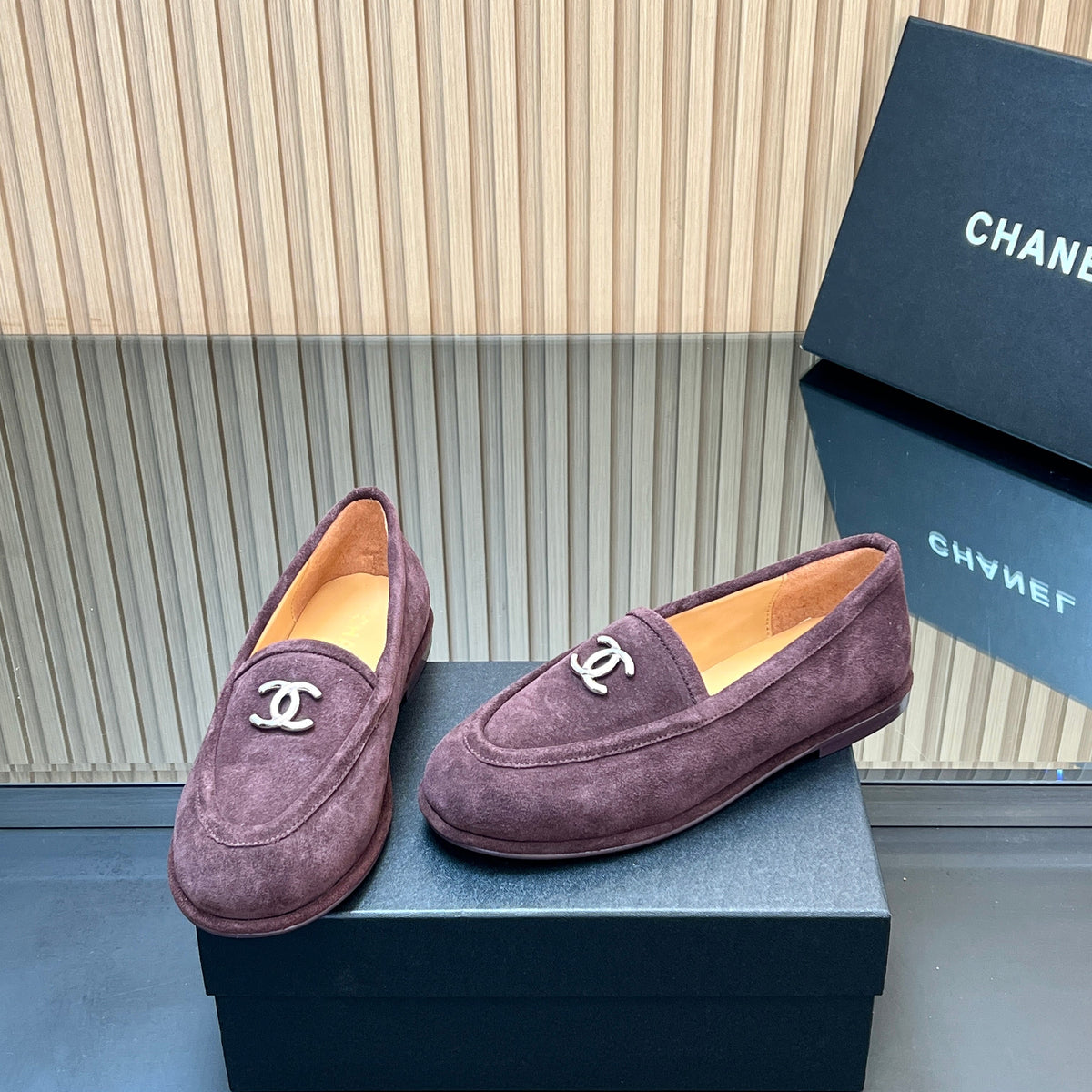 CHANEL 25S TEDDY LOAFER 15MM IN DARK PURPLE SUEDE SILVER HARDWRE