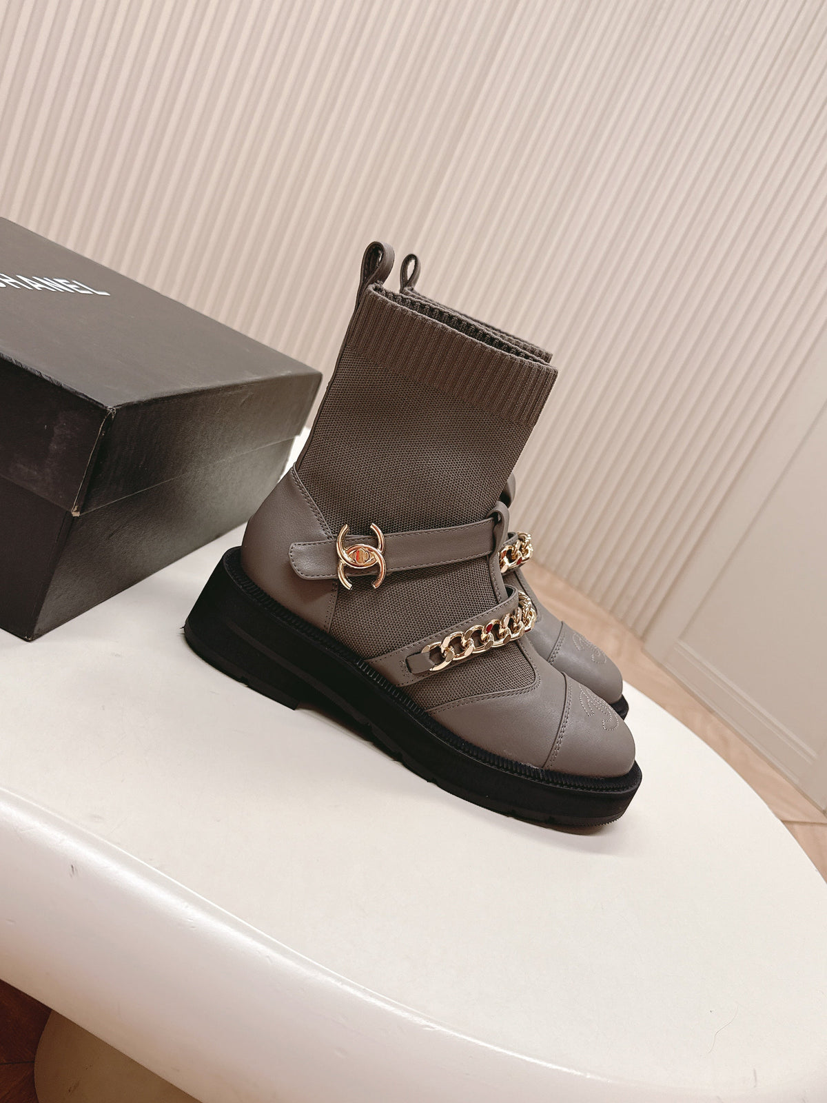 CHANEL ANKLE BOOTS 25S IN SMOKY GRAY LAMBSKIN AND FABRIC WITH GOLD HARDWARE
