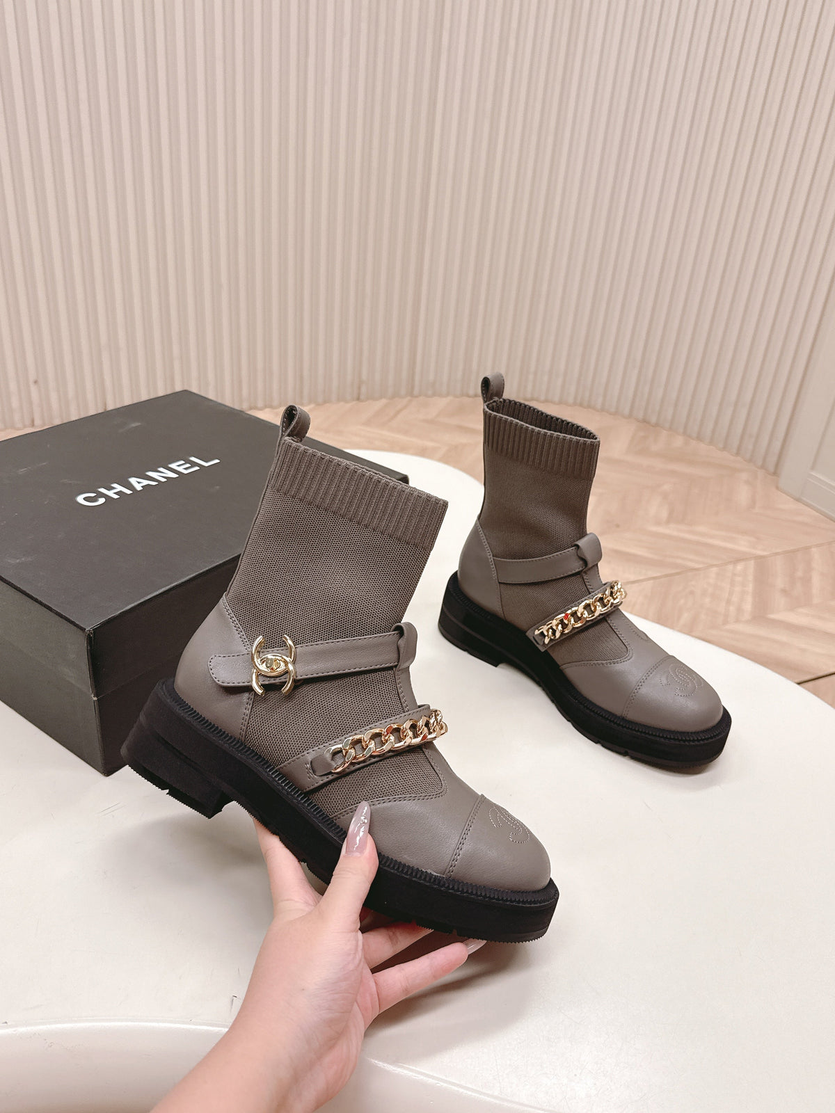 CHANEL ANKLE BOOTS 25S IN SMOKY GRAY LAMBSKIN AND FABRIC WITH GOLD HARDWARE