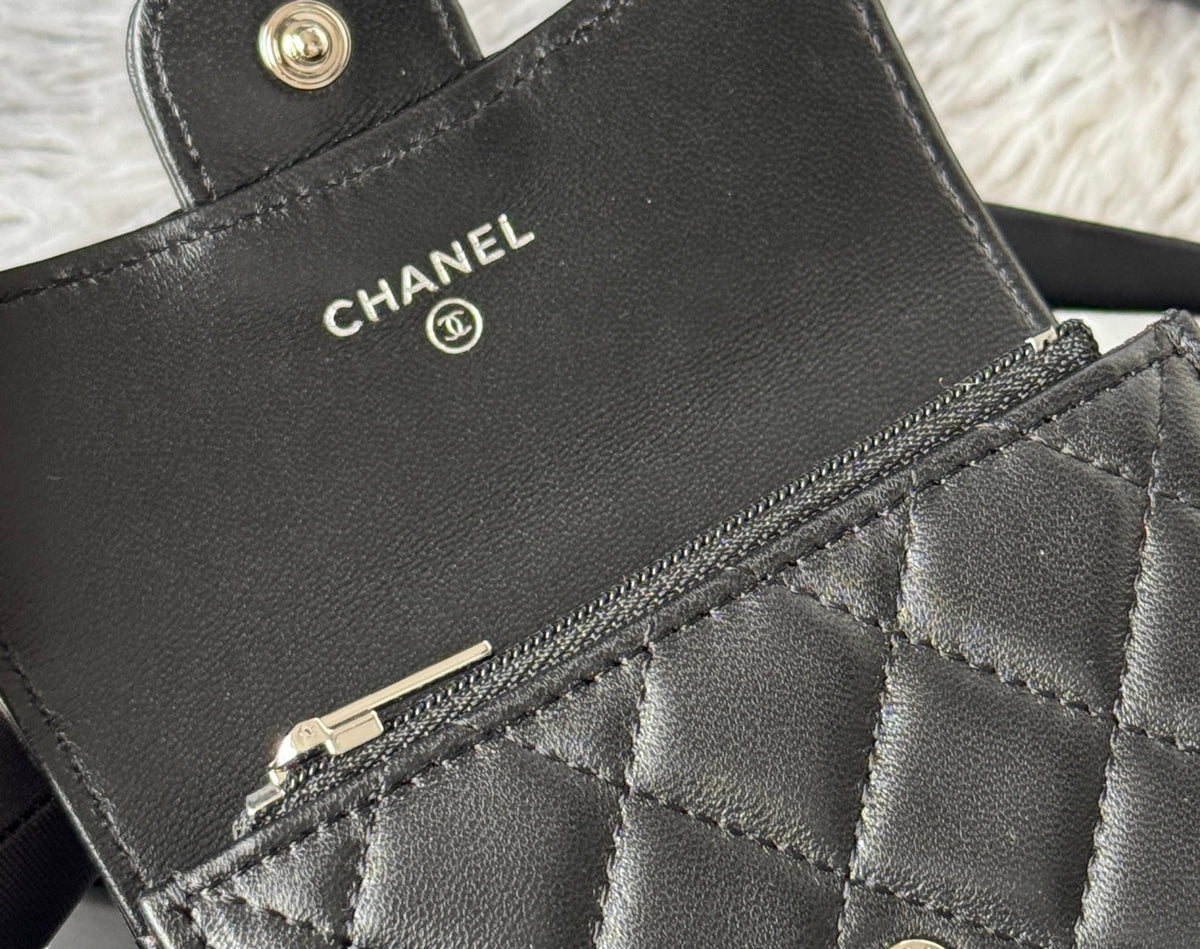CHANEL 25S CLASSIC CARD HOLDER 11 IN BLACK LAMBSKIN SILVER HARDWARE