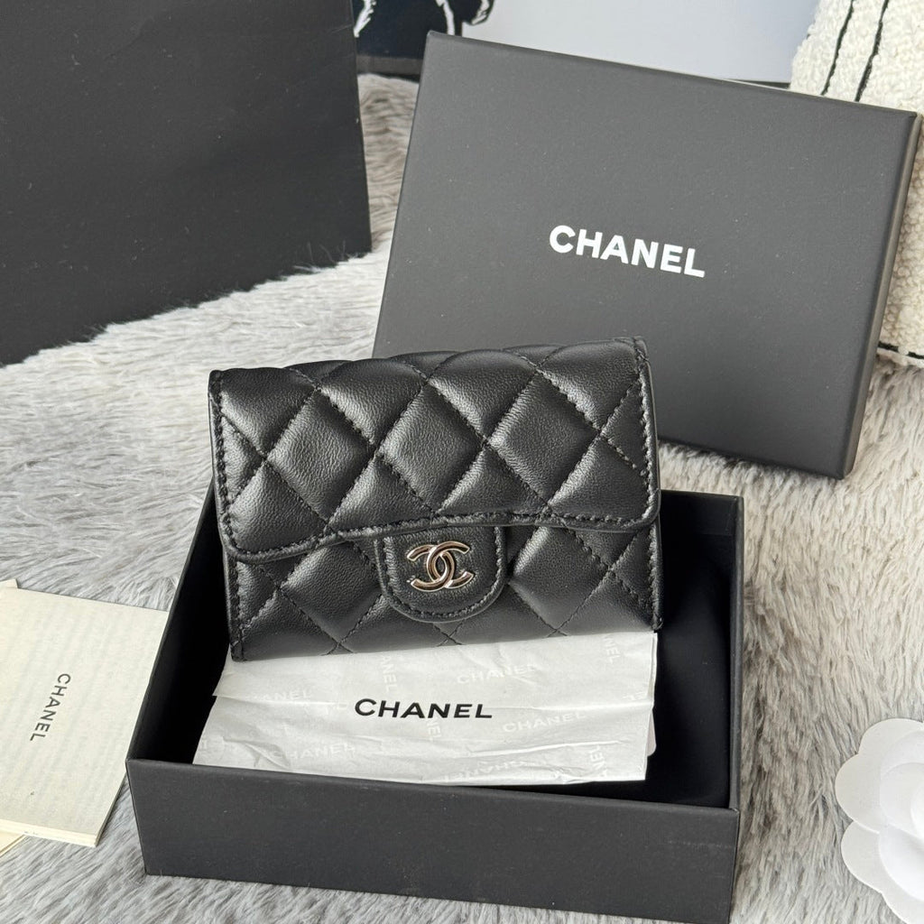 CHANEL 25S CLASSIC CARD HOLDER 11 IN BLACK LAMBSKIN SILVER HARDWARE