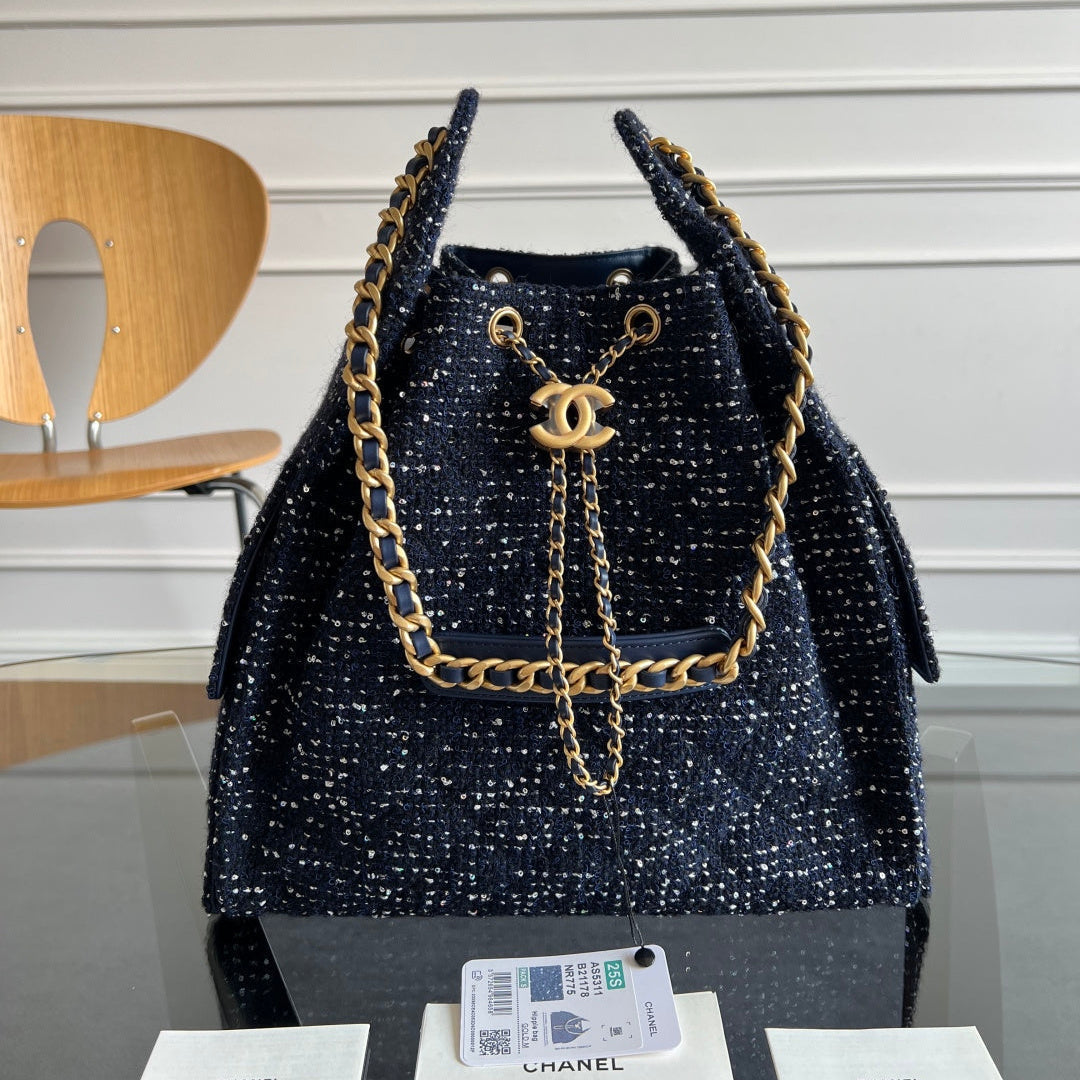CHANEL 25S HOBO BAG 40 IN NAVY BLUE TWEED WITH GOLD HARDWARE