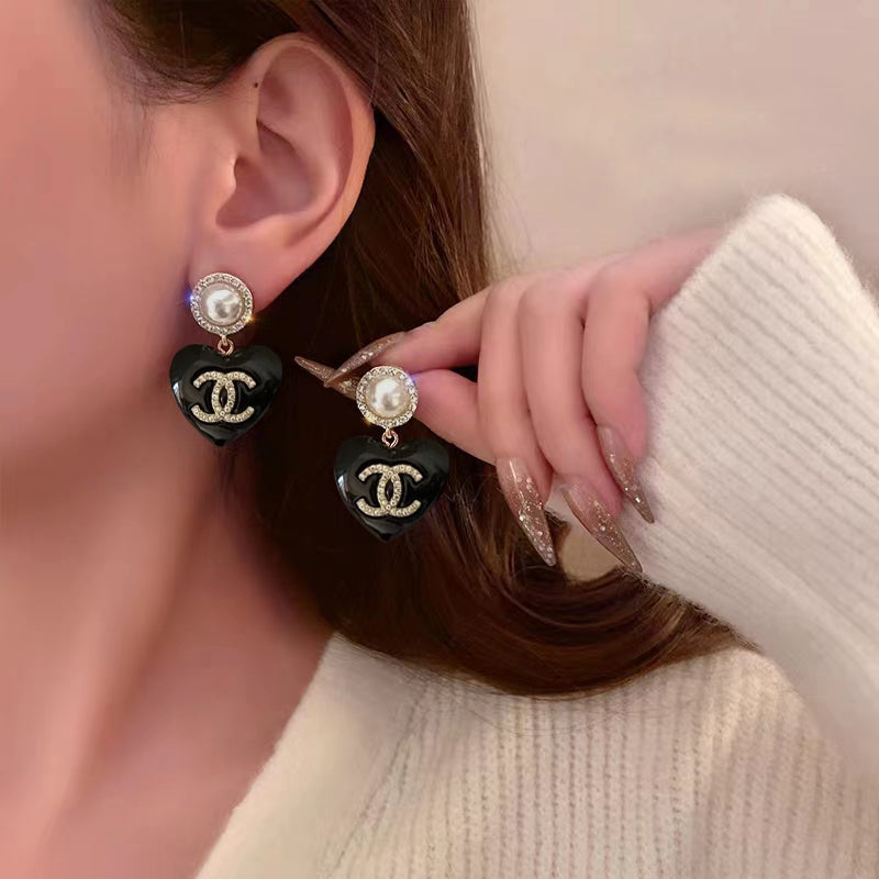 18K  Chanel Black Heart Earrings