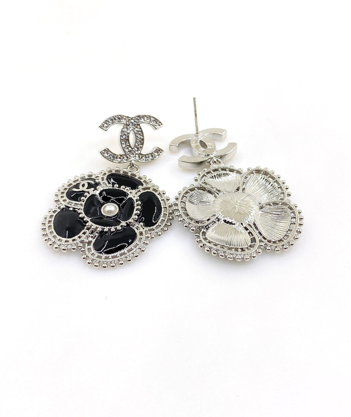 18K  Chanel Black Pearl Camellia Earrings