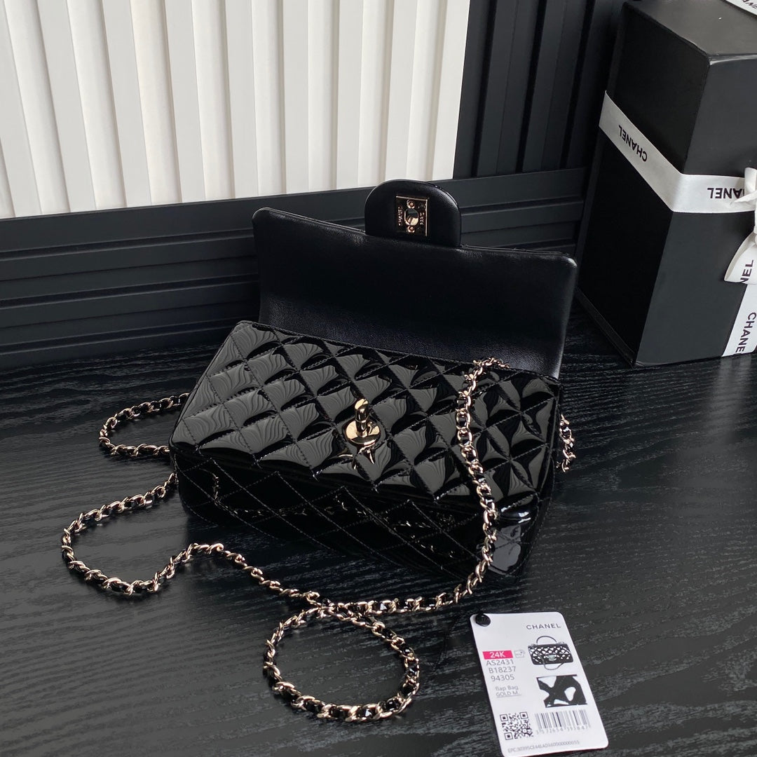CHANEL 25S MINI FLAP BAG 20 IN BLACK PATENT CALFSKIN GOLD HARDWARE