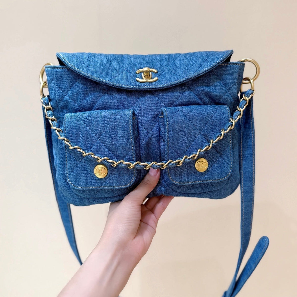 CHANEL 25S HOBO BAG 24 IN BLUE DENIM GOLD HARDWARE