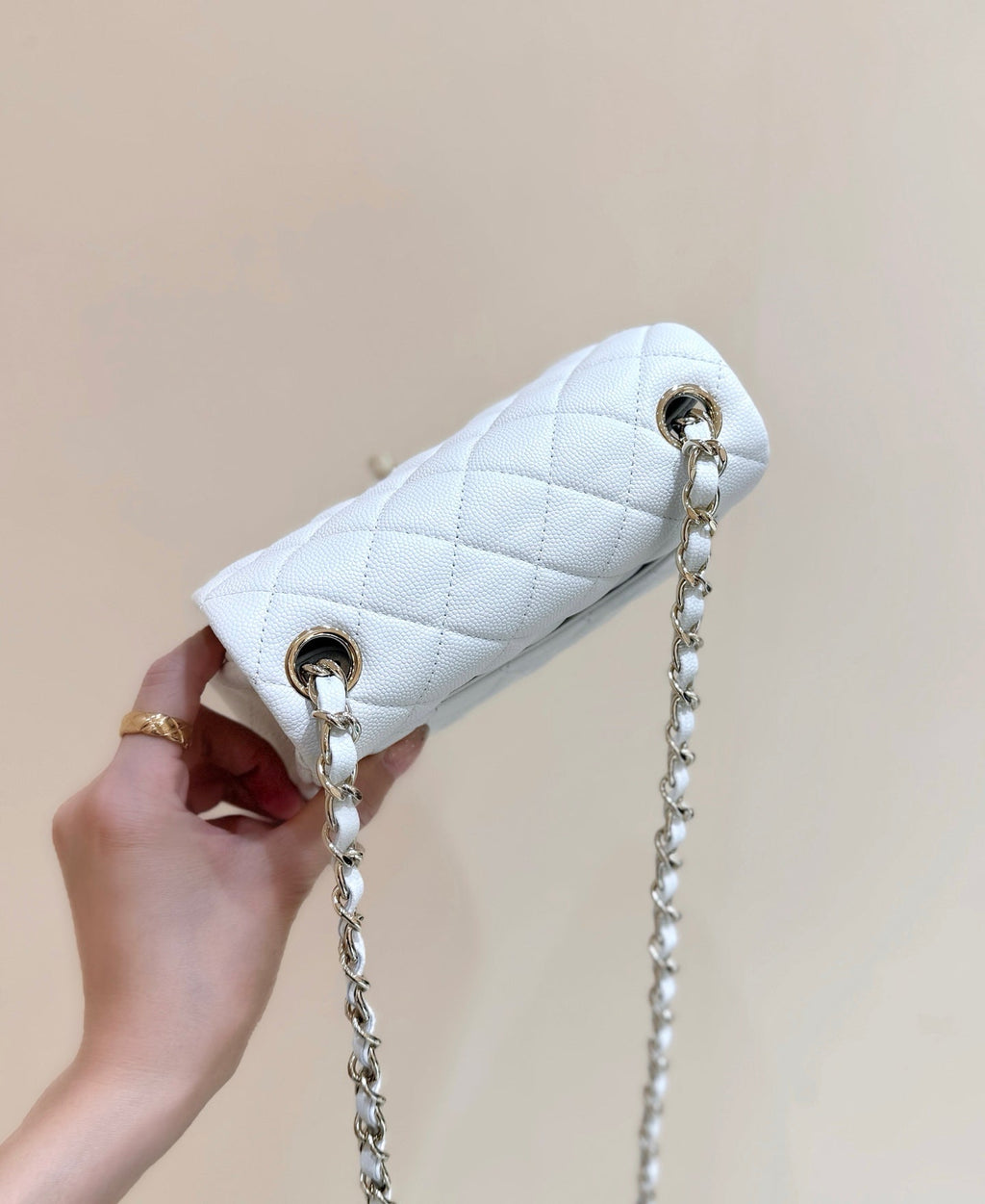 CHANEL 25S MINI SQUARE FLAP BAG 17 IN WHITE CALFSKIN CAVIAR GOLD HARDWARE